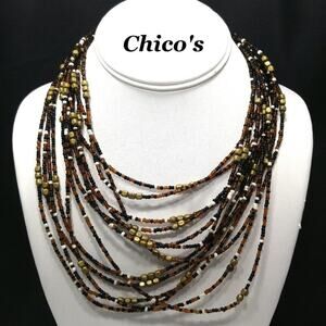Chico's Boho Seed Bead Glass Multi-strand  Necklace, Multicolored Natural Tones